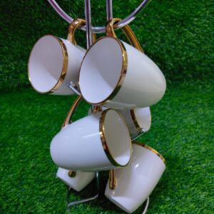 6pc white mugs with gold rim