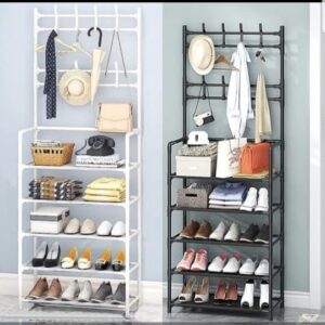multifunctional 5 tier shoe rack organizer + simple floor coat hat rack with 8 hooks